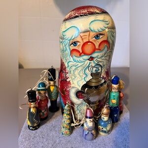 Vintage Hand Painted Russian Santa Wood Nesting Doll With (8) Holiday Ornaments